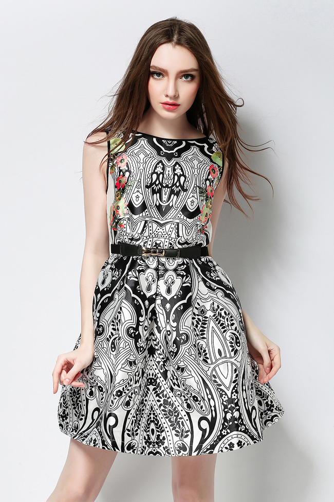 High-endEthnicPrintingSmartWaistSleevelessDressFluffyBackZipBoutiqueDressWithBelt-DFE042766