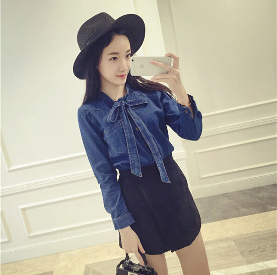 HighQualityBowLongSleeveDenimBlouse-LYK011106