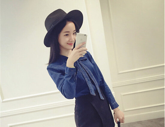 HighQualityBowLongSleeveDenimBlouse-LYK011106