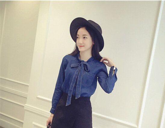 HighQualityBowLongSleeveDenimBlouse-LYK011106