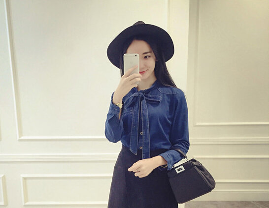 HighQualityBowLongSleeveDenimBlouse-LYK011106