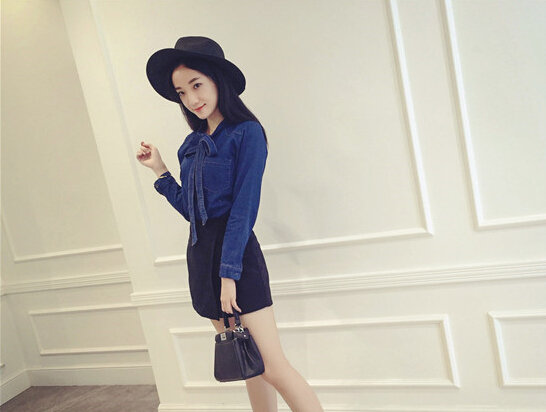 HighQualityBowLongSleeveDenimBlouse-LYK011106