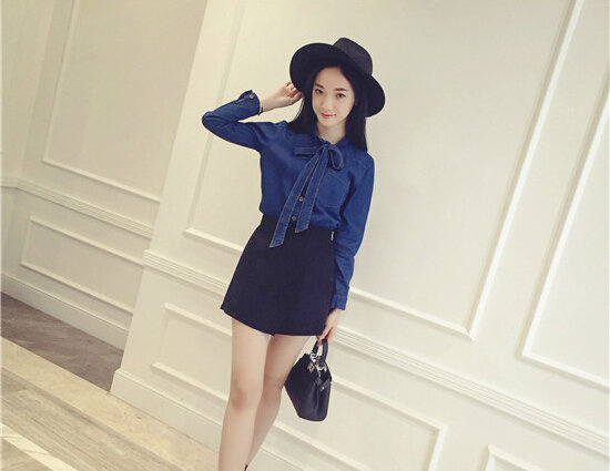 HighQualityBowLongSleeveDenimBlouse-LYK011106