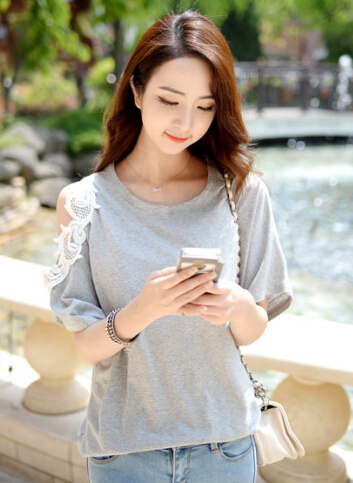 HighQualityHotSaleLightGrayExquisiteEmbroideryOffShoulderCuteWomensShirt-XHE011914LG