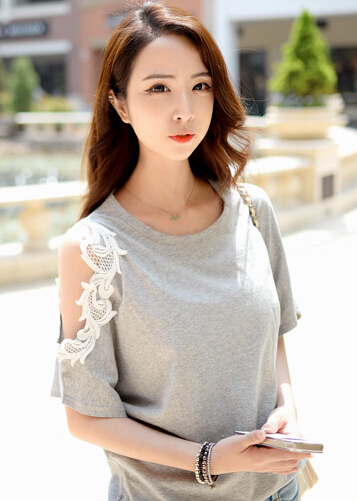 HighQualityHotSaleLightGrayExquisiteEmbroideryOffShoulderCuteWomensShirt-XHE011914LG