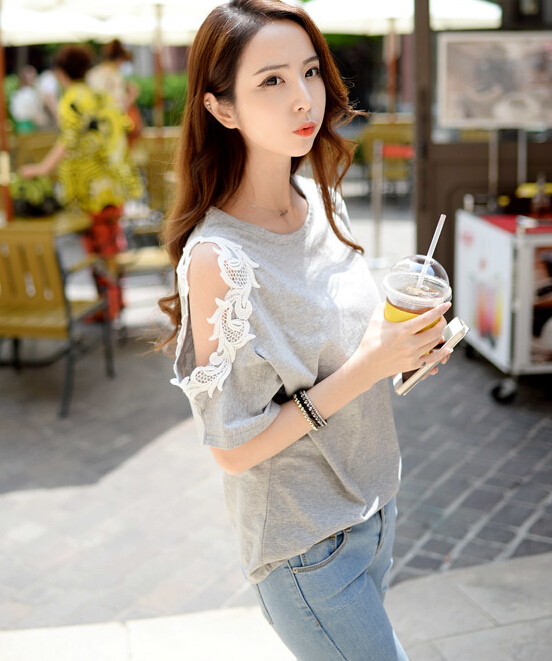 HighQualityHotSaleLightGrayExquisiteEmbroideryOffShoulderCuteWomensShirt-XHE011914LG