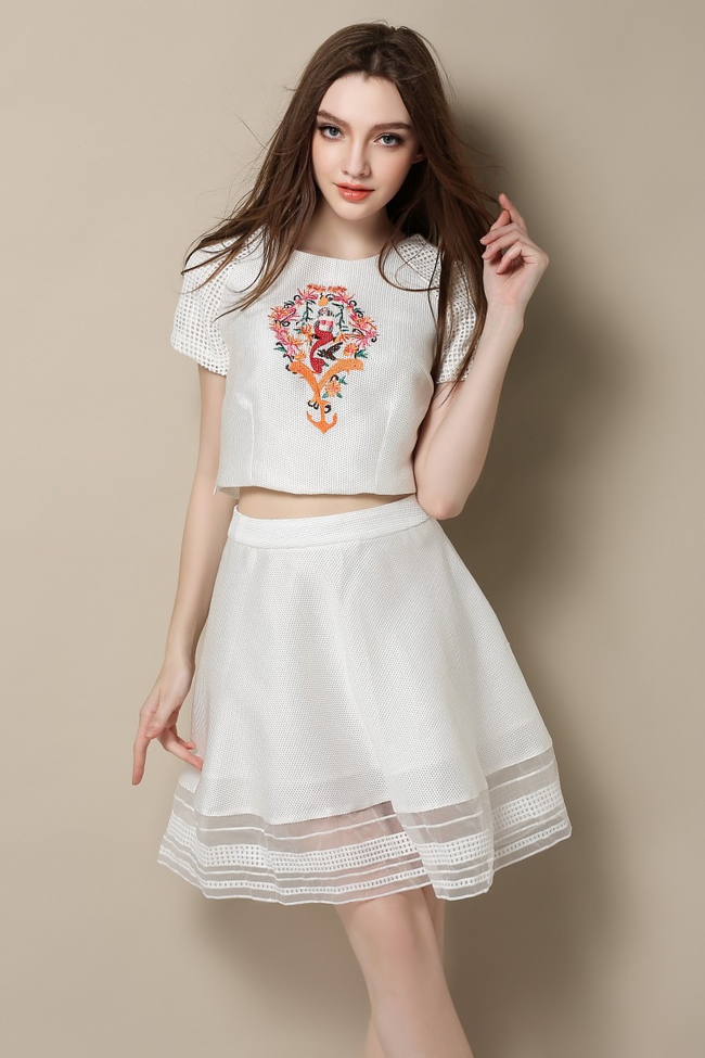 HighQualityPrettyEmbroideryEyeletsSleeveCropTopFluffyA-lineSkirt-DFE053015