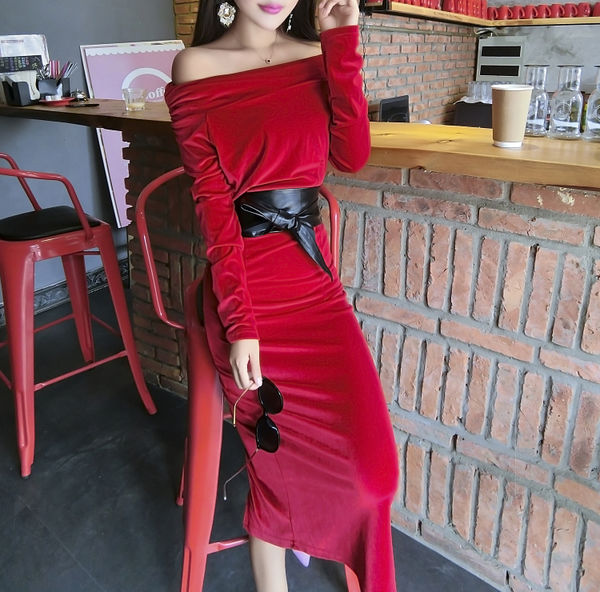 HighQualityRedLongSleeveBoatNeckSlimmingSexySlitDressWithBelt-XFE090214RD