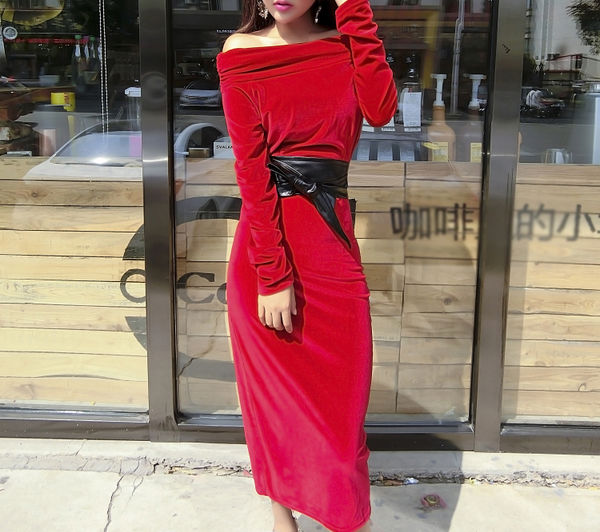 HighQualityRedLongSleeveBoatNeckSlimmingSexySlitDressWithBelt-XFE090214RD