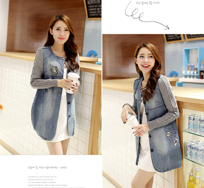 HighQualityWomenLongJacketsLongGraySplicingSleeveRoundCollarDenimCasualJacketsM-XL-JFT082802