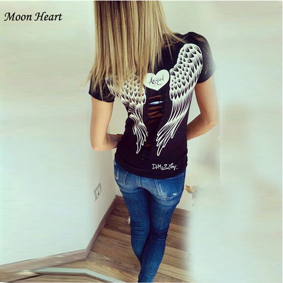 HotSaleBackHollowOutWomenLaceWingsPrintedRoundCollarT-Shirt-ME091718