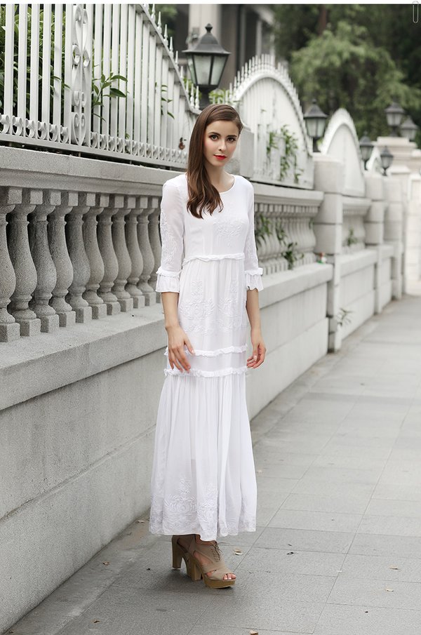 HotSaleExquisiteWomenRoundCollarElegantEmbroideryThreeQuarterSleeveWhiteMaxiDress-ME091411WI