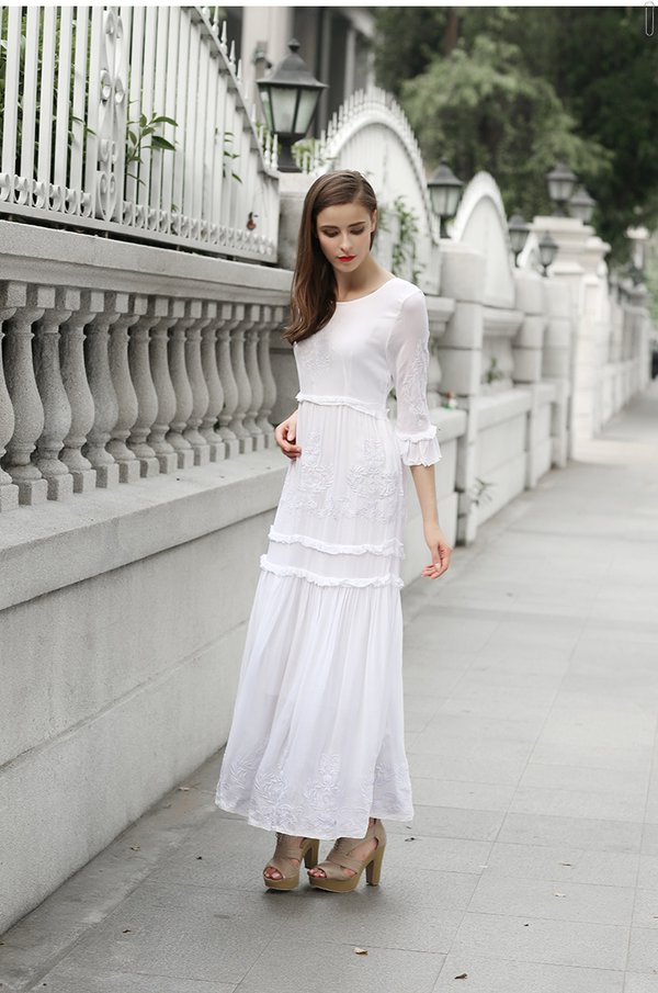 HotSaleExquisiteWomenRoundCollarElegantEmbroideryThreeQuarterSleeveWhiteMaxiDress-ME091411WI