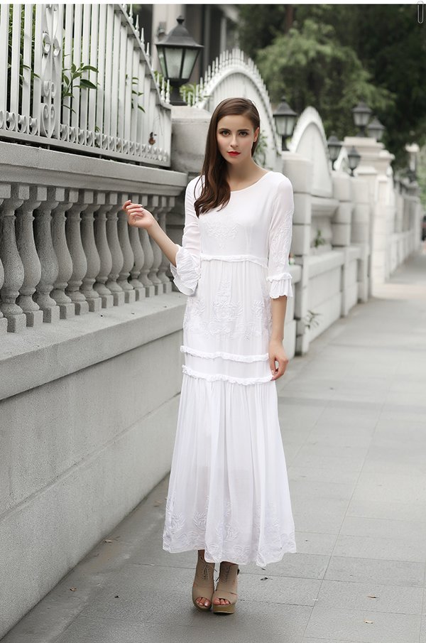 HotSaleExquisiteWomenRoundCollarElegantEmbroideryThreeQuarterSleeveWhiteMaxiDress-ME091411WI