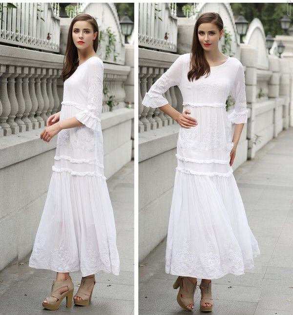 HotSaleExquisiteWomenRoundCollarElegantEmbroideryThreeQuarterSleeveWhiteMaxiDress-ME091411WI