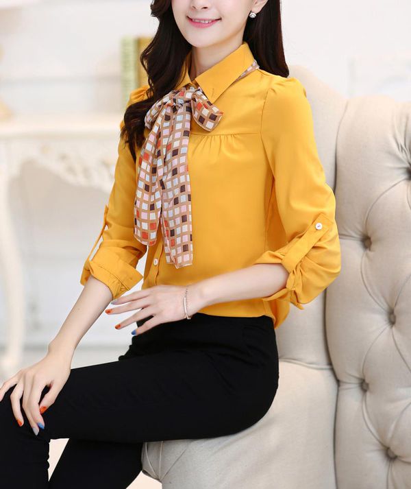 HotSaleKoreanDesignWomenLongSleeveYellowBlouse-ZME082602YL