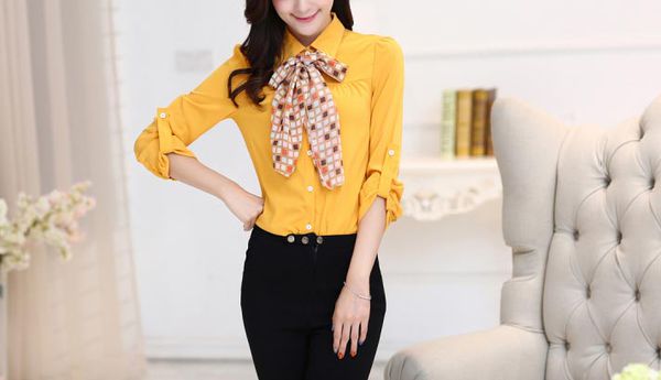 HotSaleKoreanDesignWomenLongSleeveYellowBlouse-ZME082602YL