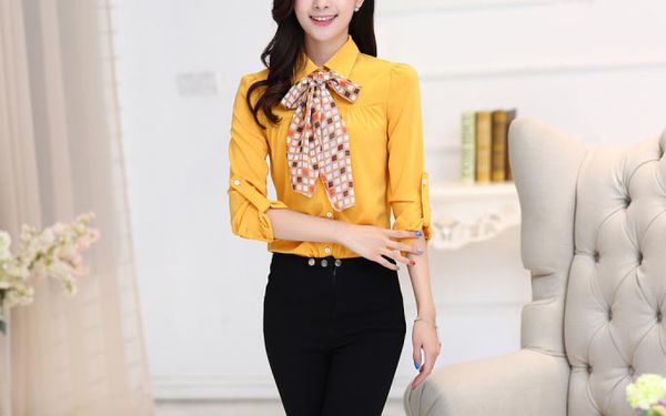 HotSaleKoreanDesignWomenLongSleeveYellowBlouse-ZME082602YL