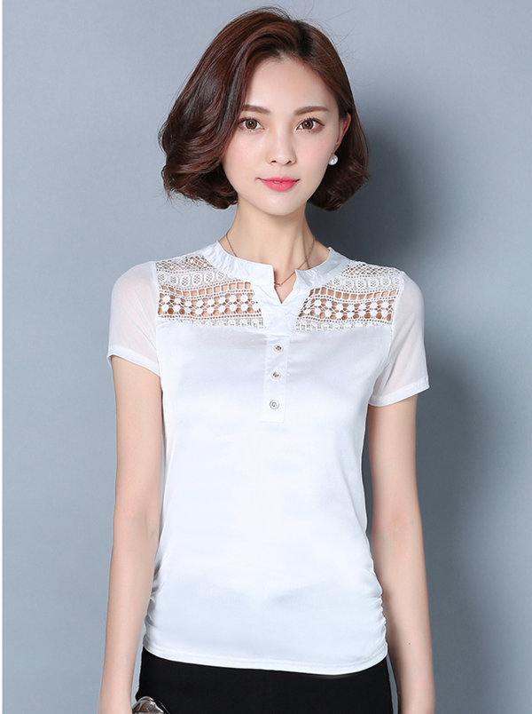 HotSaleSummerSolidHollowOutChiffonBlouse-MK051901