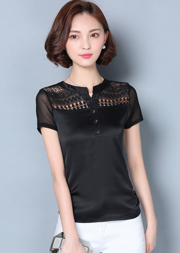 HotSaleSummerSolidHollowOutChiffonBlouse-MK051901