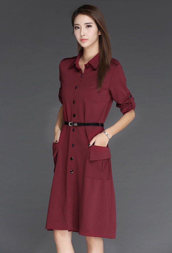 HotSellingFashionFallWomenSingle-breastedPocketsShirtDresses-ZME101703