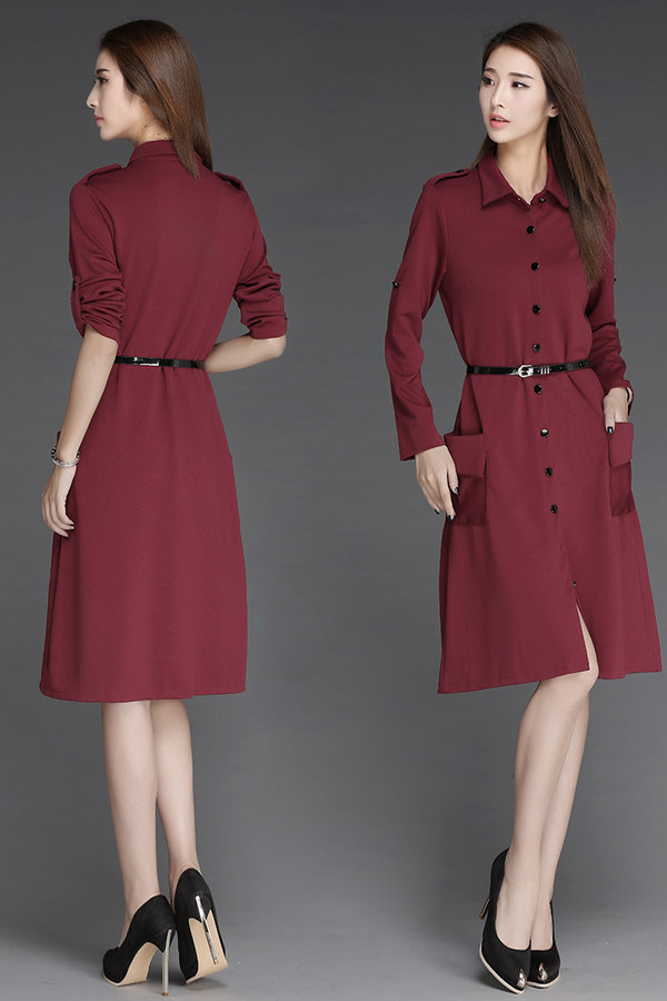 HotSellingFashionFallWomenSingle-breastedPocketsShirtDresses-ZME101703