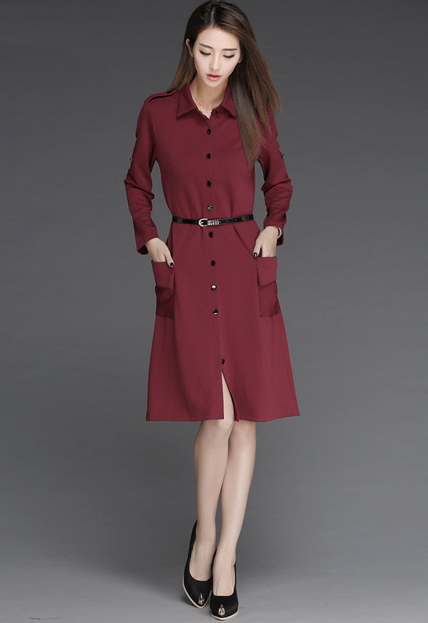 HotSellingFashionFallWomenSingle-breastedPocketsShirtDresses-ZME101703