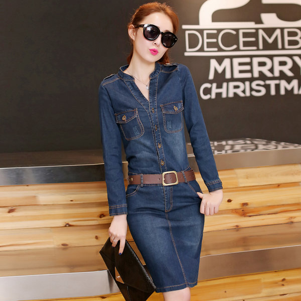 HotSellingFashionKoreanWomenLongSleeveMidWaistDenimDresses-ZME100638DB