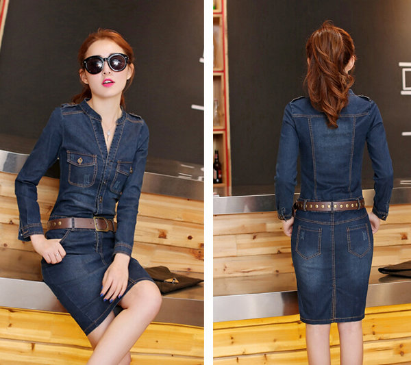 HotSellingFashionKoreanWomenLongSleeveMidWaistDenimDresses-ZME100638DB