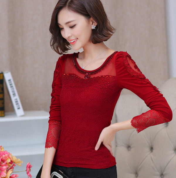 HotSellingFashionWomenGauzeSplicedBeadingHollowOutBlouse-ZME092350