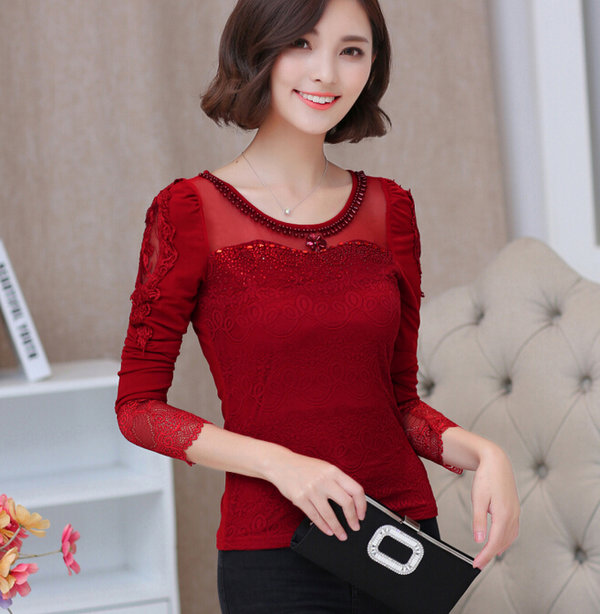 HotSellingFashionWomenGauzeSplicedBeadingHollowOutBlouse-ZME092350