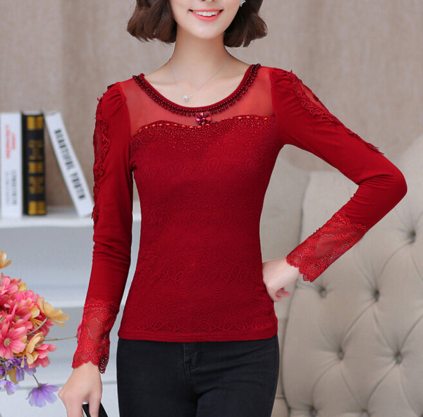 HotSellingFashionWomenGauzeSplicedBeadingHollowOutBlouse-ZME092350