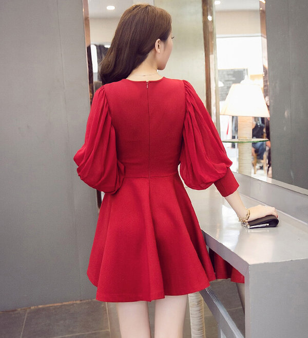 HotSellingKoreanFashionWomenLongLanternSleeveMiniBallGownDresses-ZME101534