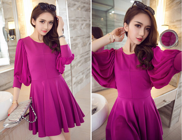 HotSellingKoreanFashionWomenLongLanternSleeveMiniBallGownDresses-ZME101534