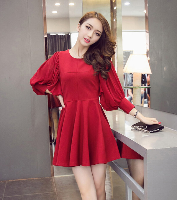 HotSellingKoreanFashionWomenLongLanternSleeveMiniBallGownDresses-ZME101534