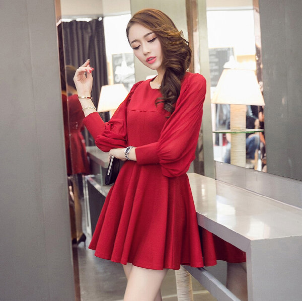 HotSellingKoreanFashionWomenLongLanternSleeveMiniBallGownDresses-ZME101534