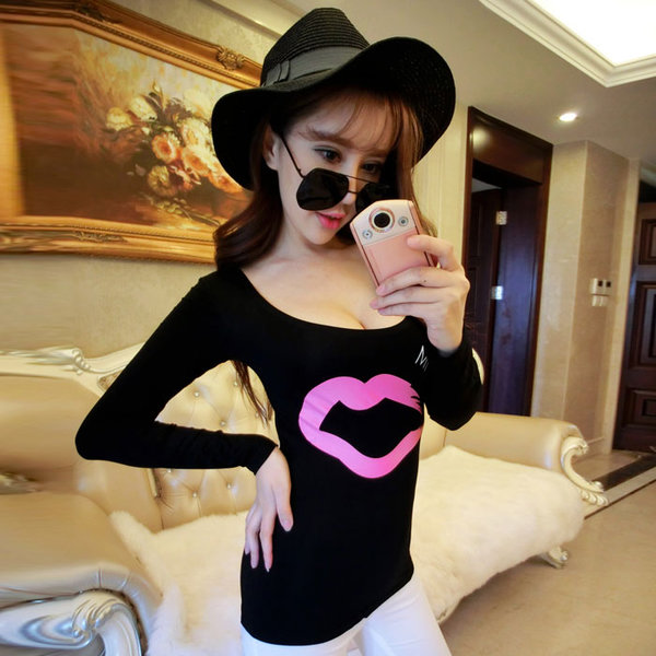 HotSellingKoreanWomenLongSleeveLipPrintingFittedModalT-Shirt-ZME101439