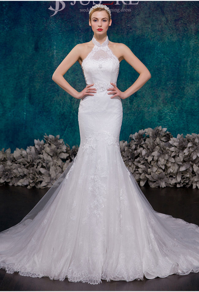 ImpressionWhiteBeadingEmbroideryStandCollarMermaidBridalGown-XME090429WI