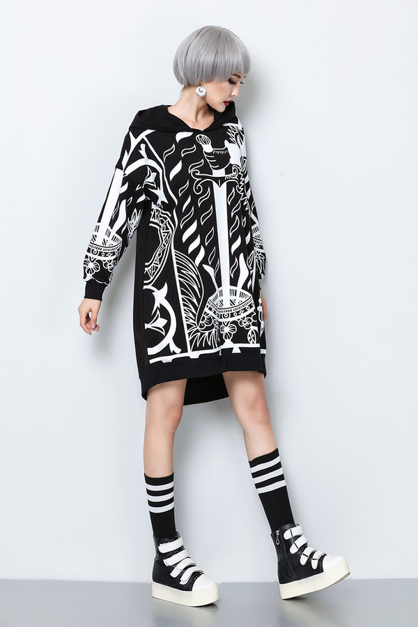 IndividualPrintHoodedCollarBlackCasualDresses-TZK091329BA