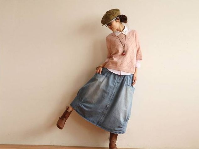 JapaneseFashionDenimWornOutLongSkirts2014TopPopularHotSellingWomenButtonsPocketHighWaistSkirts-FT033114