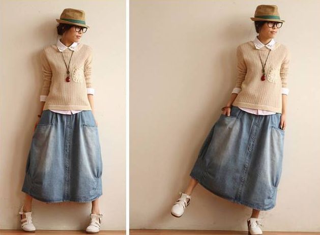 JapaneseFashionDenimWornOutLongSkirts2014TopPopularHotSellingWomenButtonsPocketHighWaistSkirts-FT033114