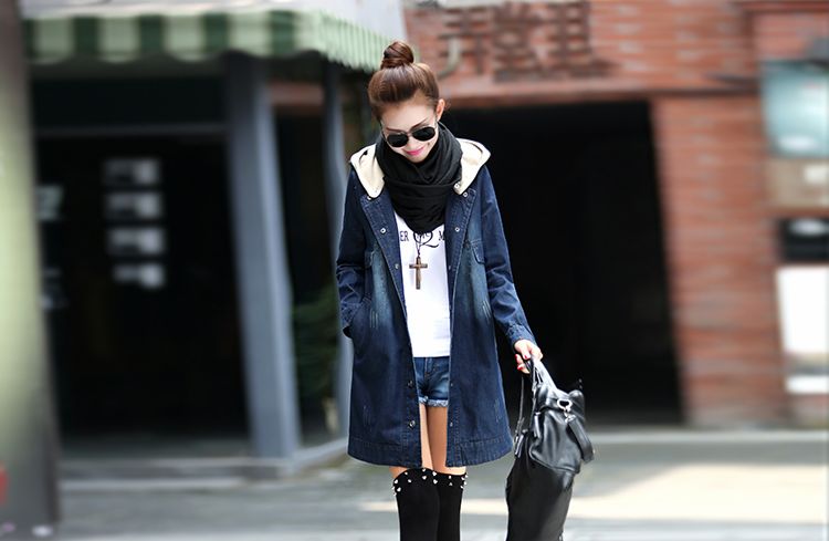 Korea2014AutumnLatestDenimCoatCozyPersonalityHoodedNeckSingle-breastedLongSleeveWomenDailyWearCoat-YXT081802