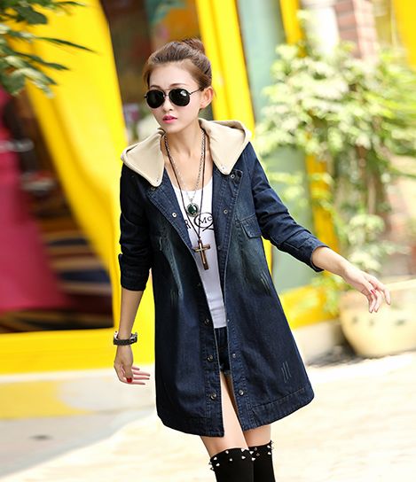 Korea2014AutumnLatestDenimCoatCozyPersonalityHoodedNeckSingle-breastedLongSleeveWomenDailyWearCoat-YXT081802