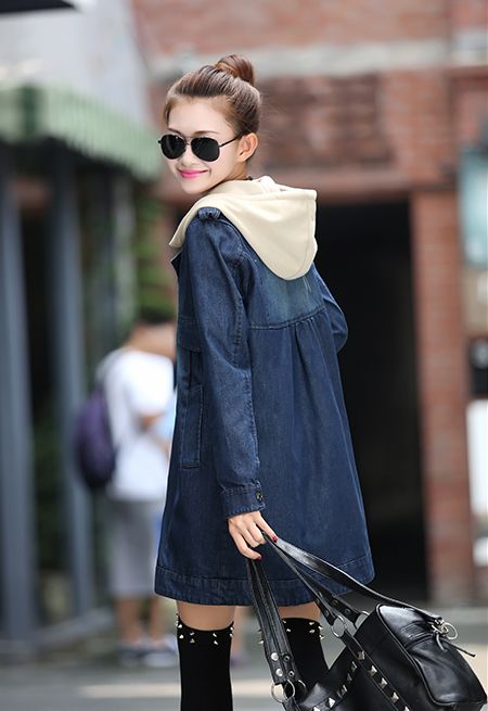 Korea2014AutumnLatestDenimCoatCozyPersonalityHoodedNeckSingle-breastedLongSleeveWomenDailyWearCoat-YXT081802