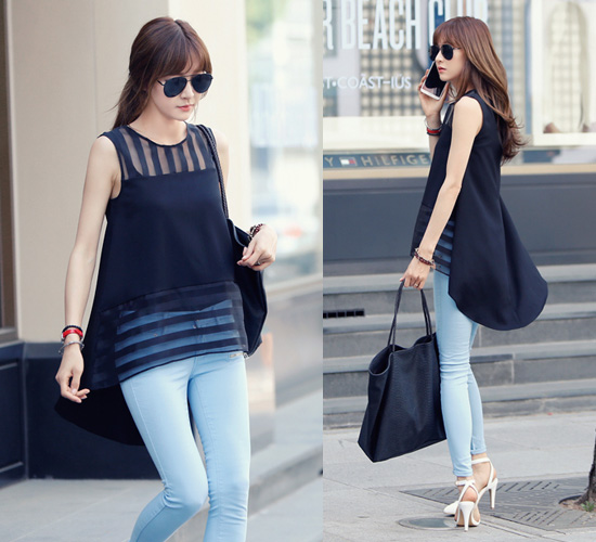 Korea2014WholesaleNewArrivalFashionOrganzaSplicingO-NeckStripeSleevelessIrregularBlackWomenBlouse-YFT062419BA