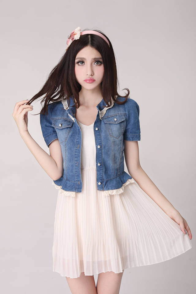 KoreaStyleLaceDetailSingle-BreastedDenimCoat-XR071812