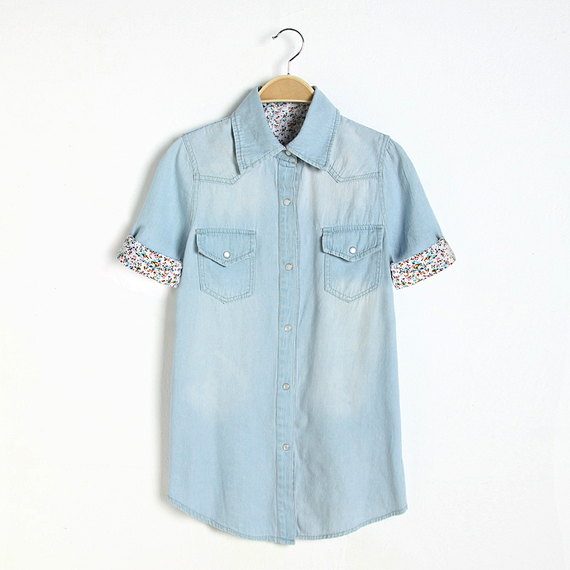 KoreaStylish2014DenimLapelShortSleeveSingle-BreastedFloralPatchWorkPocketsFashionBlouses-PFT050903