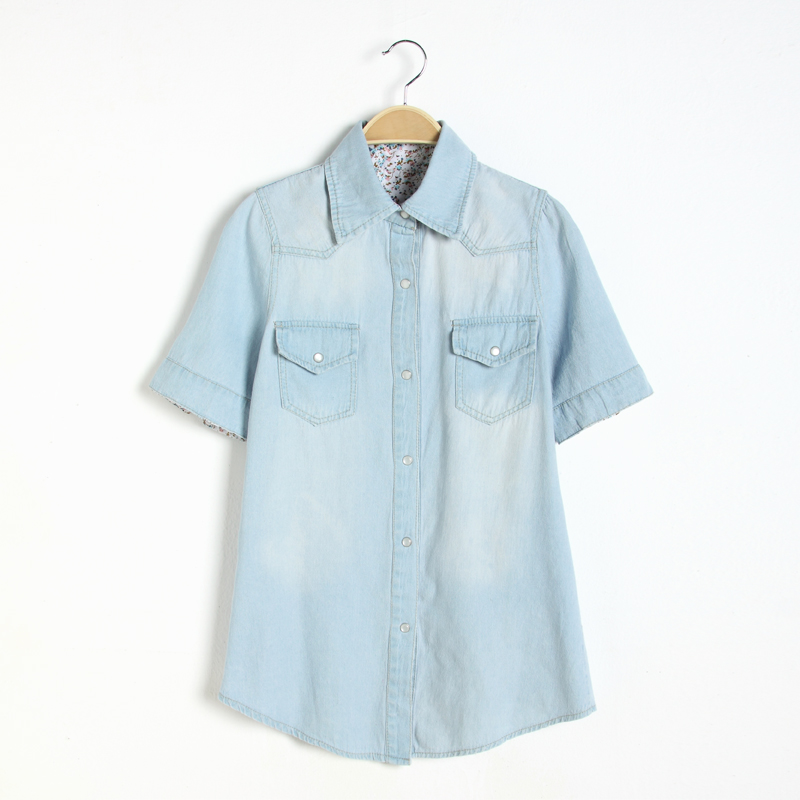 KoreaStylish2014DenimLapelShortSleeveSingle-BreastedFloralPatchWorkPocketsFashionBlouses-PFT050903