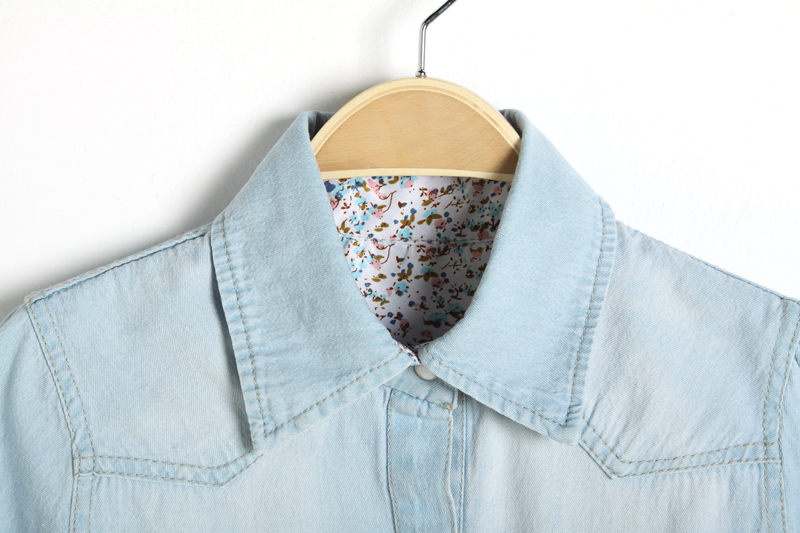 KoreaStylish2014DenimLapelShortSleeveSingle-BreastedFloralPatchWorkPocketsFashionBlouses-PFT050903