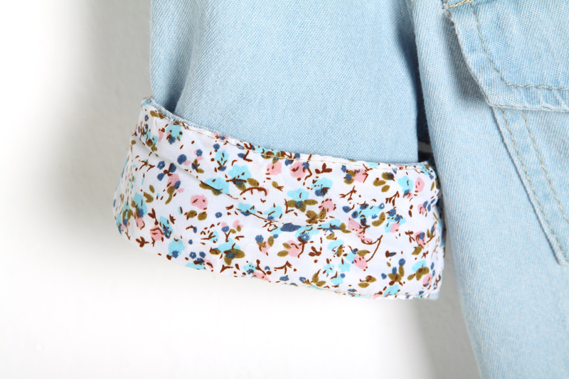 KoreaStylish2014DenimLapelShortSleeveSingle-BreastedFloralPatchWorkPocketsFashionBlouses-PFT050903